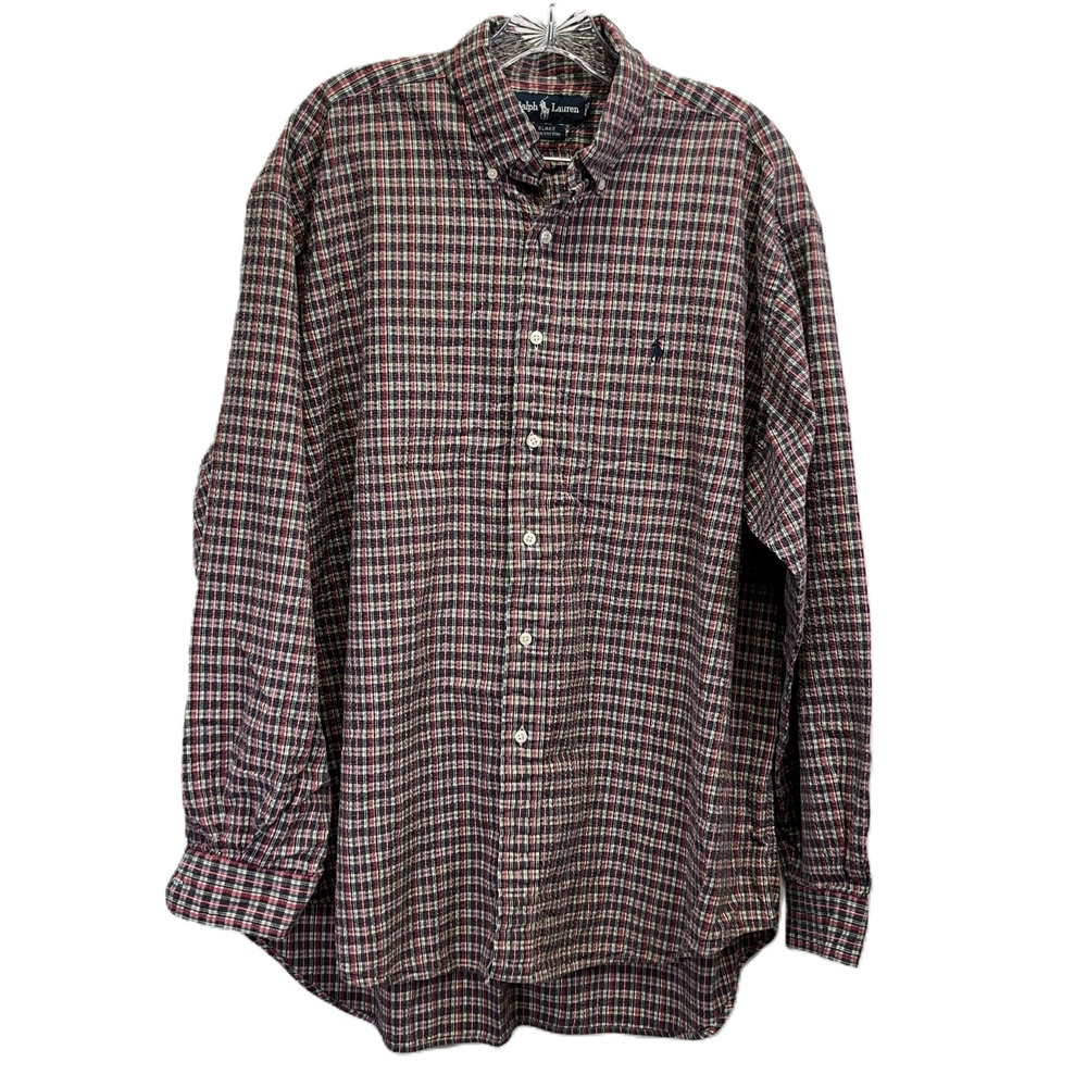 Ralph Lauren Vintage Blake 100% Cotton Blue Plaid L/S Button Shirt XL‎